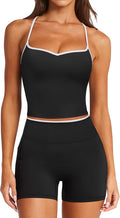 RXRXCOCO Color Block Workout Sets for Women 2 Piece Padded Strappy Tank Tops Hidden Scrunch Booty Shorts with Pockets