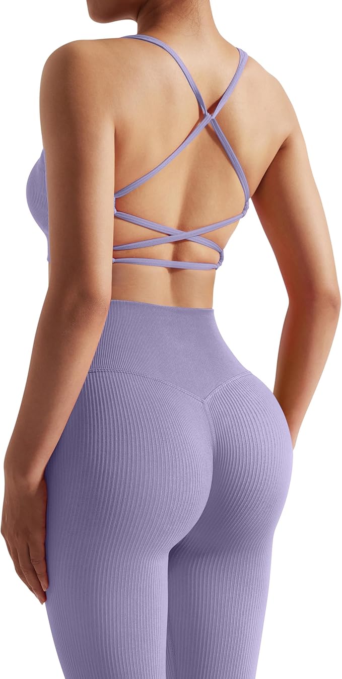 RXRXCOCO Ribbed Workout Sets for Women 2 Piece Backless Strappy Sports Bra Seamless Leggings Matching Set Yoga Outfits