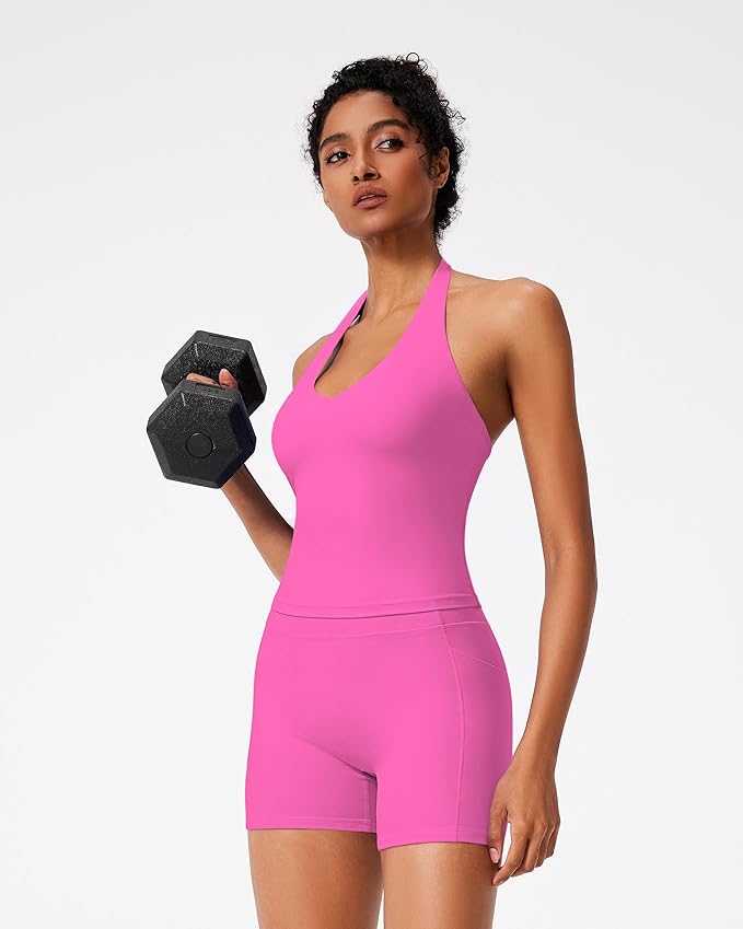 RXRXCOCO Halter Workout Sets for Women 2 Piece V Neck Tank Tops Hidden Scrunch Booty Shorts Gym Outfits with Pockets