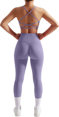 RXRXCOCO Ribbed Workout Sets for Women 2 Piece Backless Strappy Sports Bra Seamless Leggings Matching Set Yoga Outfits
