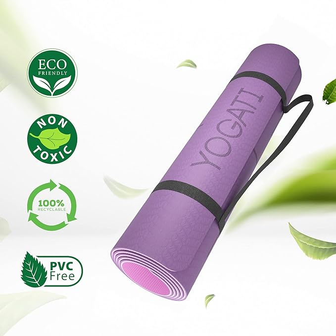 YOGATI® Yoga Mat with Strap with Alignment Lines. Home Workout Mat for Women, Men and Kids. Thick Non Slip Yoga Mat for Pilates and Fitness. Brown, Pink and Purple Yoga Mats