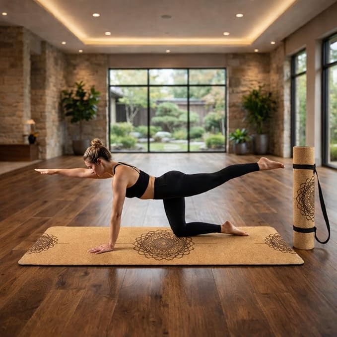Workout Mat with Carrying Strap - 6mm Thick Cork Yoga Mat (72” x 24”) - Non-Slip Cork Mat for Home, Gym, Fitness & Hot Yoga - Lightweight, Cushioned, Durable & Sweat-Resistant by Fitby