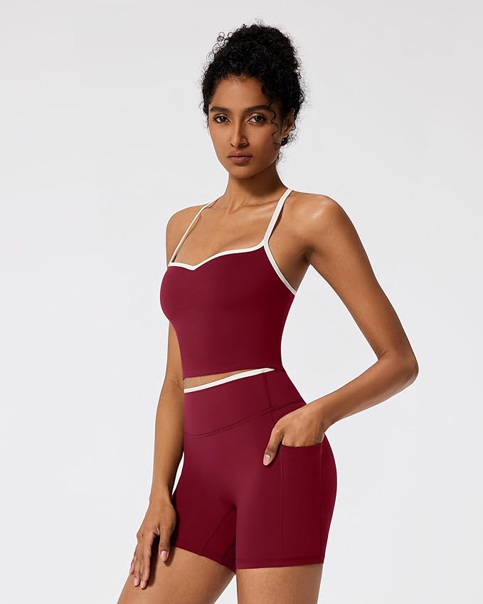 RXRXCOCO Color Block Workout Sets for Women 2 Piece Padded Strappy Tank Tops Hidden Scrunch Booty Shorts with Pockets