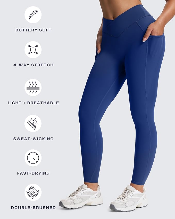 Aoxjox Women's Trinity High Waisted Yoga Pants with Pockets Cross-Waist Tummy Control Buttery Soft Workout Leggings 26"