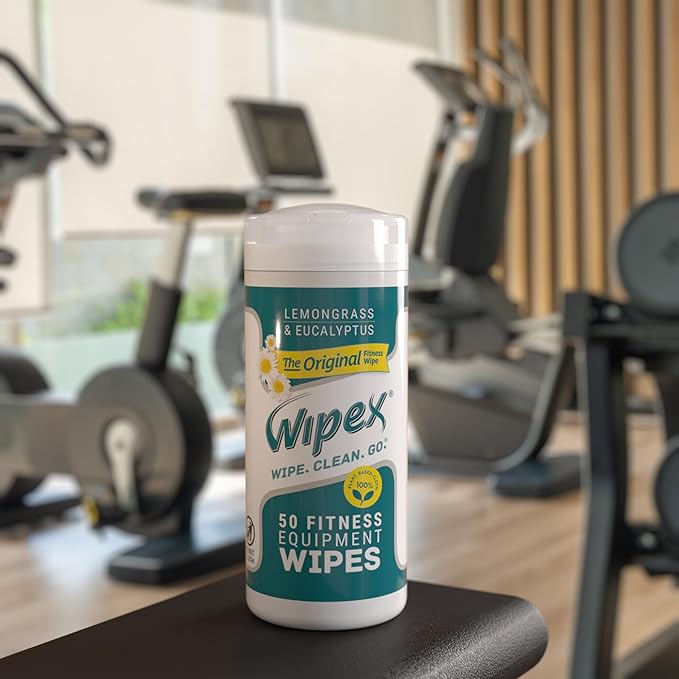Wipex Fitness Equipment Wipes - EWG Verified - 50 Ct Original Natural Plant Based Gym Wipes for Equipment, Clean Surfaces at Home or Gym, Use as a Yoga Mat Cleaner, Lemongrass, Eucalyptus & Vinegar