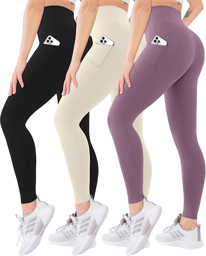 Blisset 3 Pack High Waisted Leggings for Women with Pockets Soft Active Tummy Control Pants for Yoga Running & Daily Wear