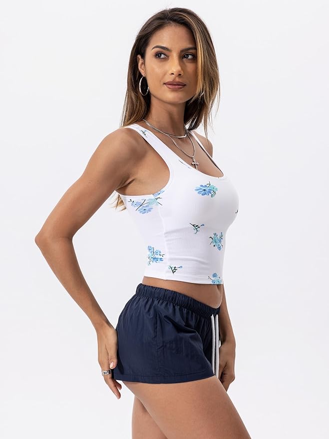 Danysu Women Rib Tank Top Padded Workout Top Square Neck Crop Tank Fitted Basic Cami Tops