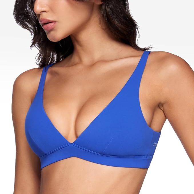 INGIA Womens Deep V-Neck Sports Bra Padded Low Impact Fitness Yoga Bra U Back Wireless Workout Bra Contour Crop Top