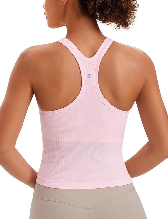 CRZ YOGA Seamless Ribbed Scoop Neck Tank Top for Women - Workout Racerback Padded Athletic Camisole with Built in Bra