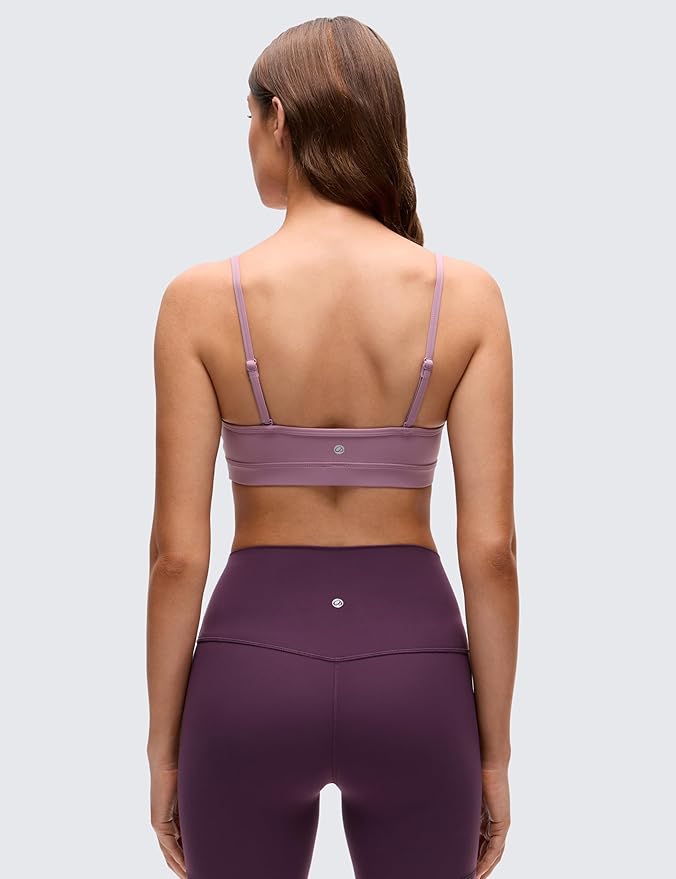 CRZ YOGA Butterluxe V-Neck Sports Bras for Women - Adjustable Thin Straps Padded Yoga Top Basic Wireless Camisole