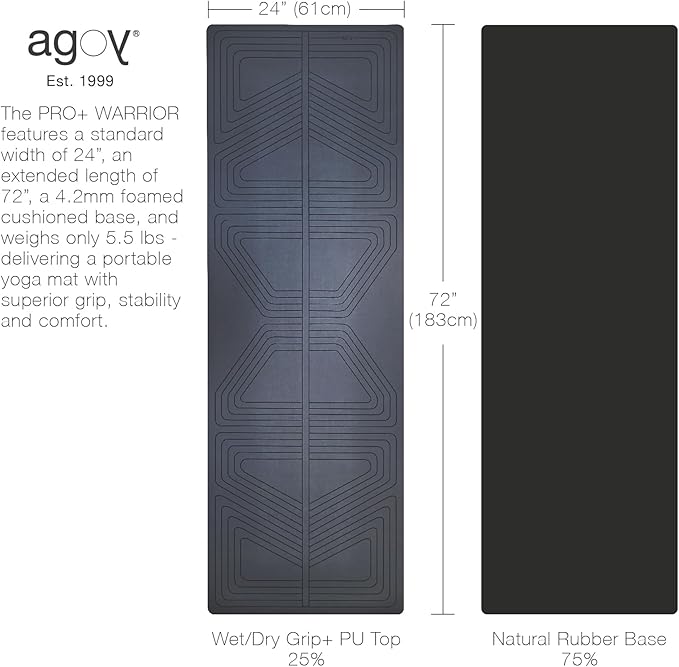 agoy PRO+ WARRIOR - Premium Non-Slip Yoga Mat – Eco-Conscious Design - PU Mat With Wet/Dry Grip+ - Focus Alignment - Lazer-Etched Technology - A Portable Standard Size Mat for All Styles of Yoga