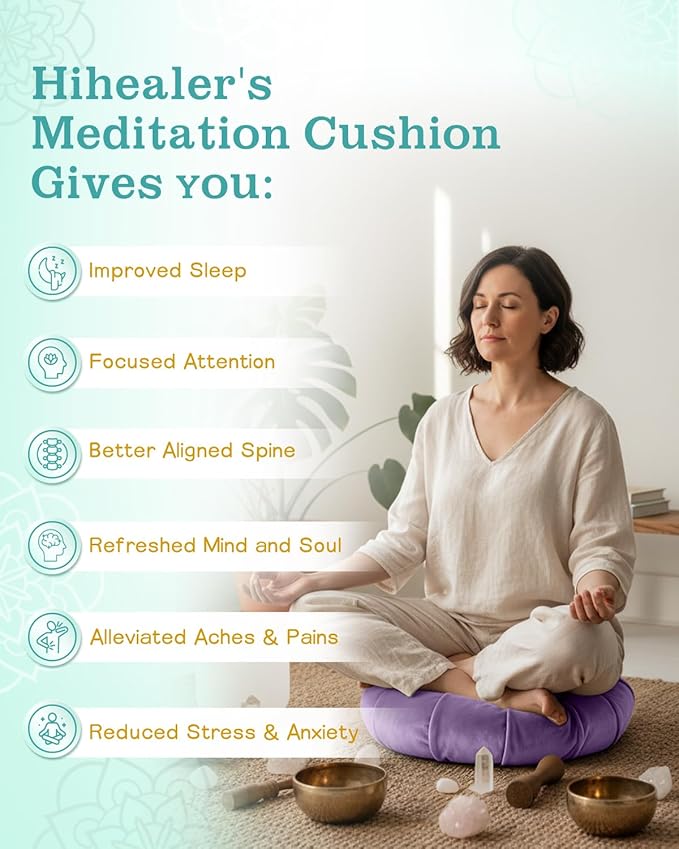 Hihealer Premium Meditation Cushion - Comfortable Floor Pillow for Adult Traditional Crescent Meditation Pillow Yoga Buckwheat Bolster (Purple)