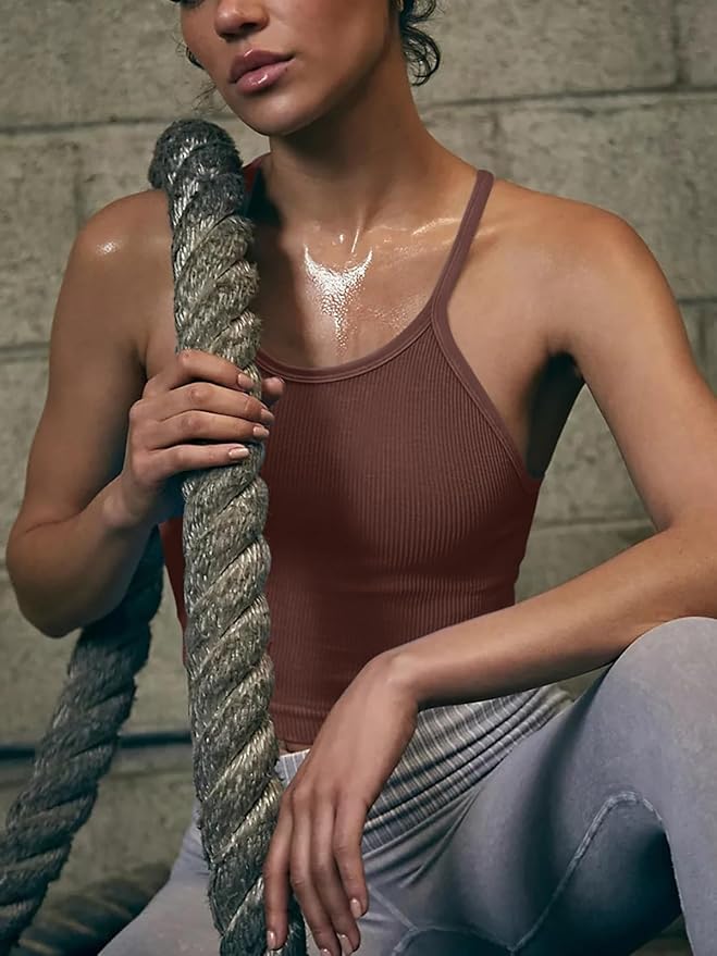LASLULU Womens Sports Bra Seamless Long Crop Tank Racer Back Spaghetti Strap Workout Yoga Bra Padded Halter Neck Casual Tops