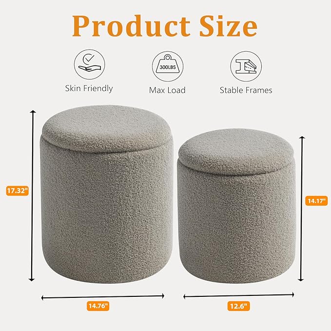 BLEXA Round Ottoman with Storage Set of 2 - Upholstered Sherpa Vanity Stool for Makeup Multifunctional Ottomans Coffee Table Padded Seat Foot Rest for Living Room & Bedroom (Sherpa Gray)