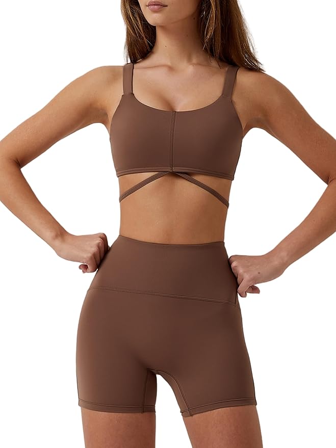 ABOCIW Workout Sets for Women 2 Piece Twist Front Halter Sports Bras High Waist Biker Shorts Exercise Gym Yoga Outfit