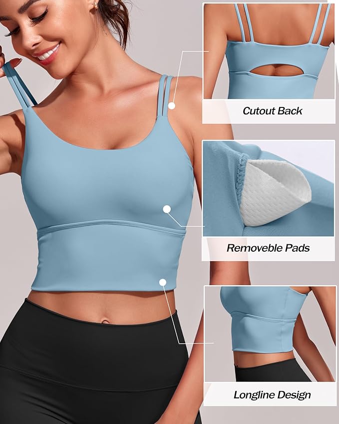 Everrysea Sports Bras for Women High Support Longline Workout Tank Tops Built in Bra Strappy Yoga Padded Crop Top