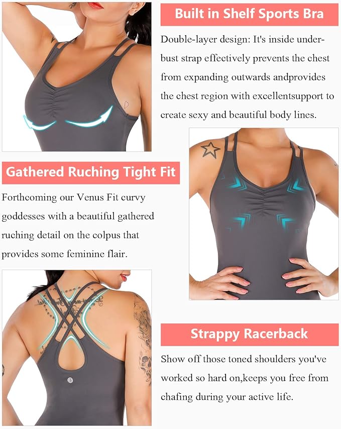 RUNNING GIRL Yoga Tank Tops for Women Built in Shelf Bra B/C Cups Strappy Back Activewear Workout Compression Tops