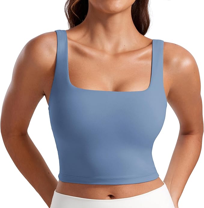 CRZ YOGA Butterluxe Square Neck Crop Tank Tops for Women - Workout Longline Sports Bras Padded Yoga Camisole