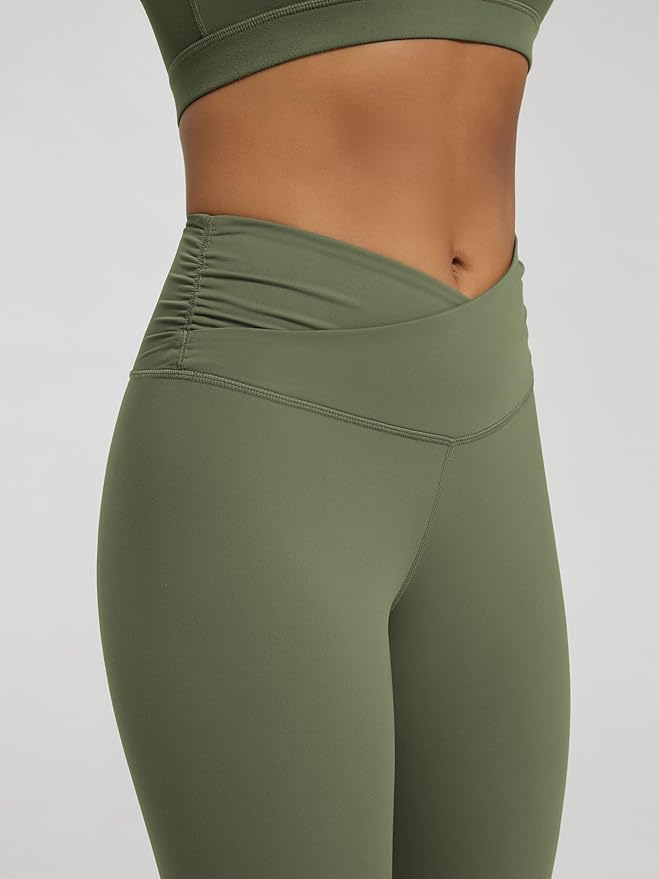 ODODOS Women's Cross Waist Yoga Leggings with Inner Pocket, 23"/25"/28" Gathered Crossover Workout Yoga Pants