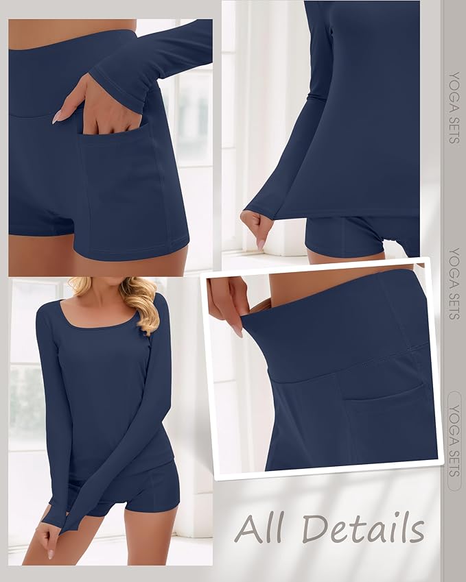 Women Workout Sets 2 Piece Yoga Square Neck Long Sleeve Top Athletic Seamless Short Pockets Sport Gym Run Outfits