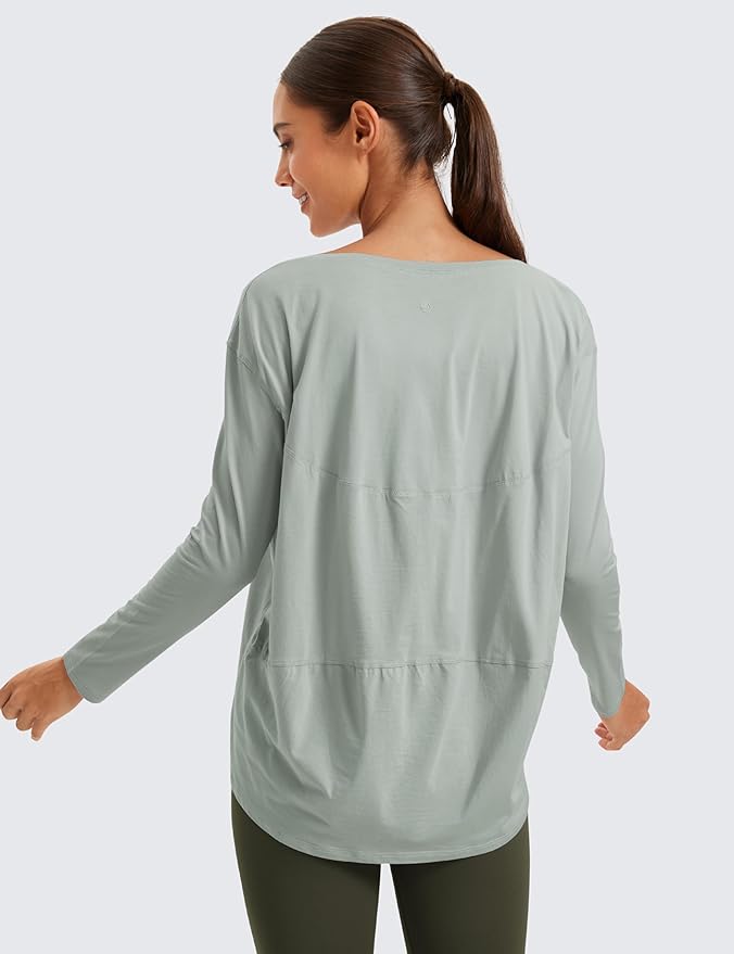 CRZ YOGA Pima Cotton Boat Neck Long Sleeve Shirts for Women - Workout Athletic Yoga Casual Tops Loose Fit Fall T-Shirts