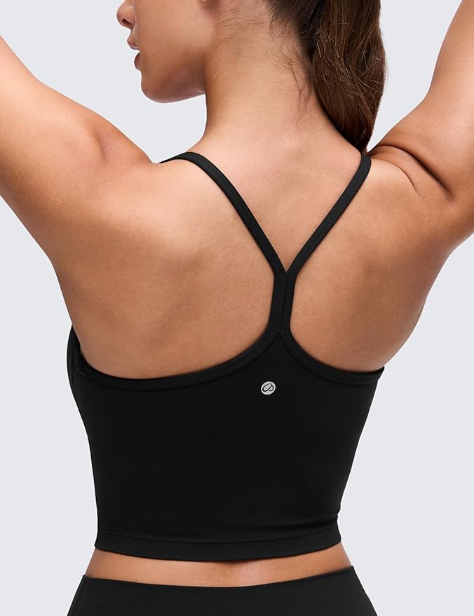 CRZ YOGA Butterluxe Y Back Crop Tank Tops for Women - Spaghetti Straps Racerback Padded Yoga Workout Longline Sports Bras