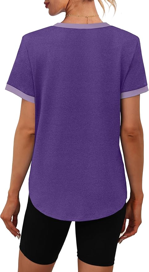 Womens Workout Tops Summer Short Sleeve Shirts Athletic Color Block Gym Clothes Outfits Sun Protection UPF 50+ T Shirts