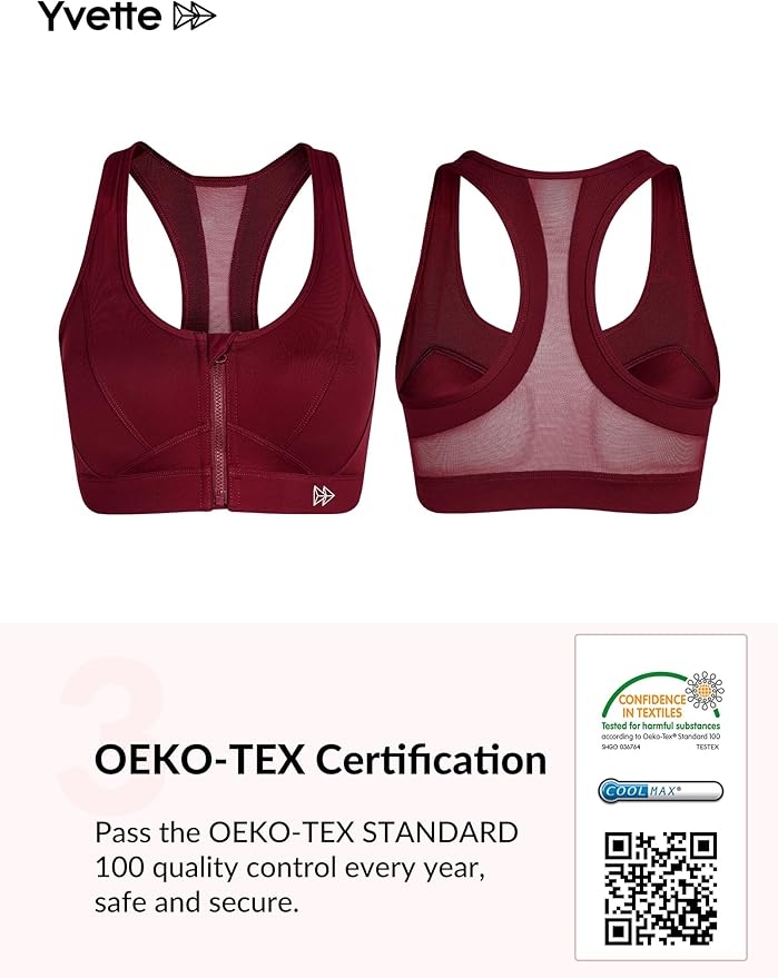 Yvette Zip Front Sports Bra - High Impact Sports Bras for Women Plus Size Workout Fitness Running