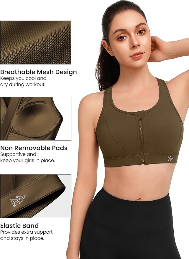 Yvette Zip Front Sports Bra - High Impact Sports Bras for Women Plus Size Workout Fitness Running