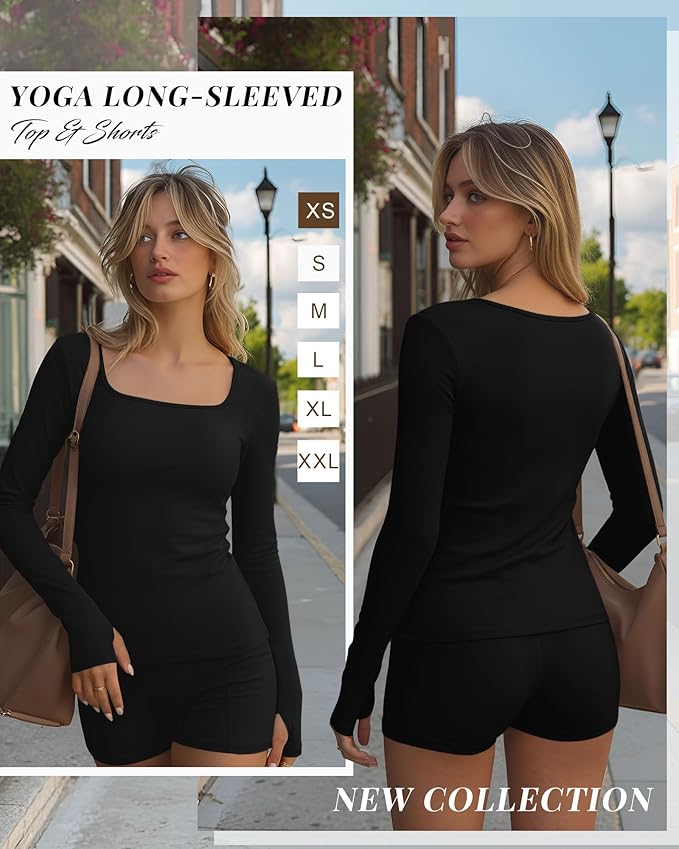 Oakgarden Women's Long Sleeve Yoga Set Square Neck Slim Fit Tops Elastic Soft Thumb Hole Shirt High Waist Shorts with Pockets