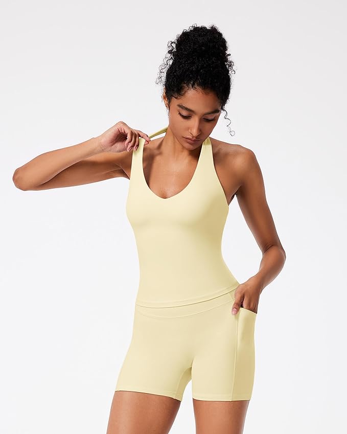 RXRXCOCO Halter Workout Sets for Women 2 Piece V Neck Tank Tops Hidden Scrunch Booty Shorts Gym Outfits with Pockets