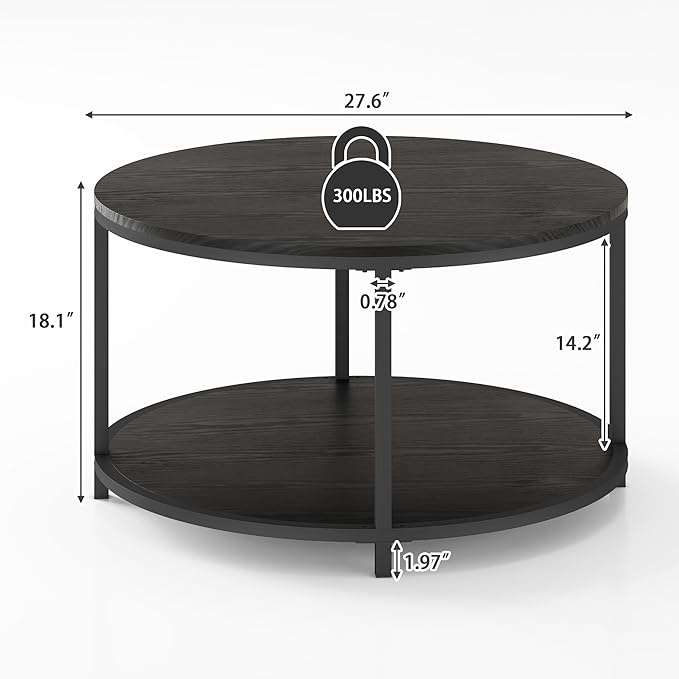 NSdirect Round Coffee Table, 27.6" Small Coffee Table for Living Room,2-Tier Rustic Wood Desktop with Storage Shelf Modern Design Home Furniture(Black)