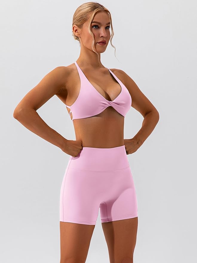 ABOCIW Workout Sets for Women 2 Piece Twist Front Halter Sports Bras High Waist Biker Shorts Exercise Gym Yoga Outfit