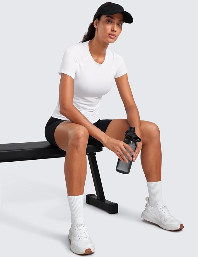 CRZ YOGA Seamless Workout Tops for Women Waist Length - Running Gym Athletic Yoga Short Sleeve Shirts Breathable Crewneck