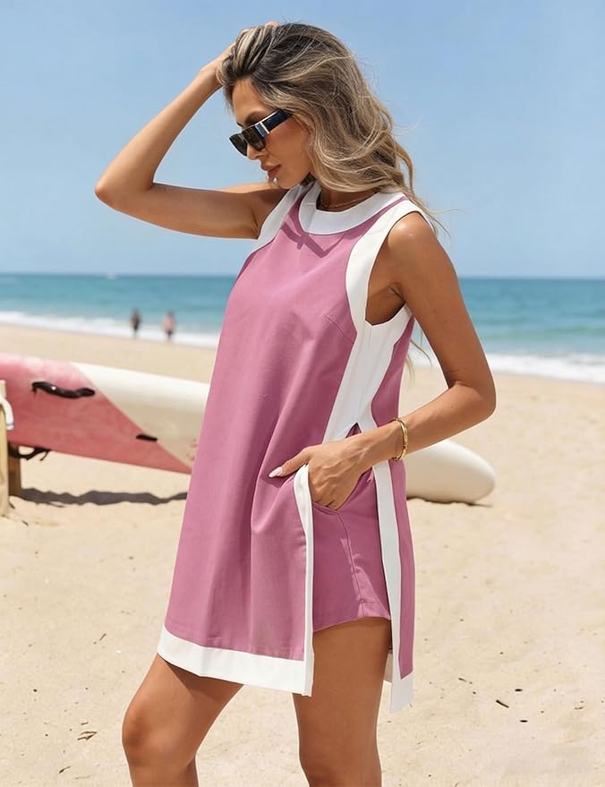 Hooever Women's 2 Piece Sets Casual Color Block Crewneck Short Sleeve Pullover Tops Matching Shorts with Pockets