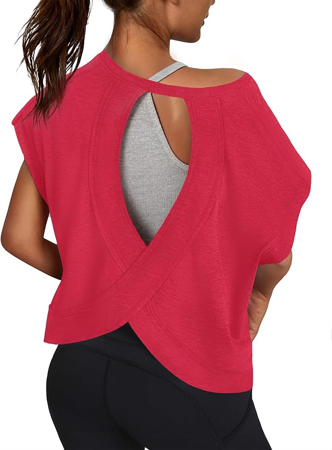 Women Open Back Workout Shirts Short Sleeve Tops Casual Yoga Y2k Athletic Gym Running Crop Tees