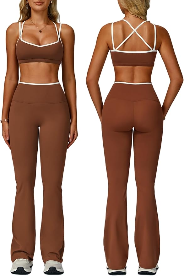 ABOCIW Workout Sets for Women 2 Piece Color Block Strappy Sports Bra High Waist Flare Leggings Gym Yoga Pilates Outfits