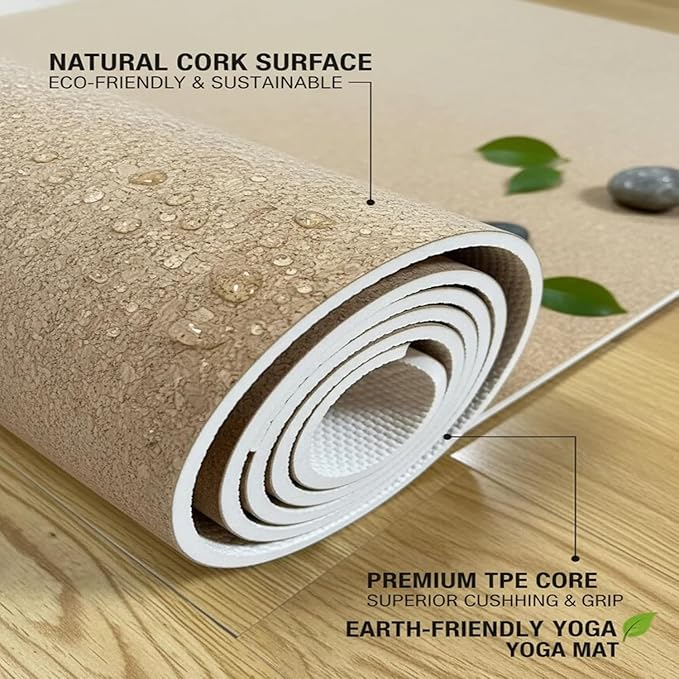 Cork Yoga Mat 6mm Extra Thick Cushioning High Density Natural Rubber Exercise Pad 72 x 24 Inch for Home Gym