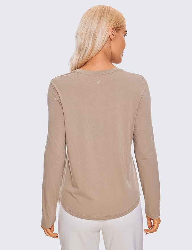 CRZ YOGA Pima Cotton Crewneck Long Sleeve Shirts for Women - Workout Athletic Yoga Casual Tops Soft Plain T-Shirt