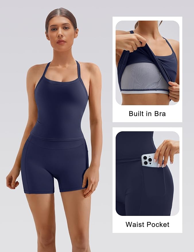 SUUKSESS Women 2 Piece Workout Sets High Waisted Biker Shorts with Pockets Built in bra Racerback Tank Tops