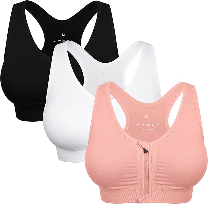 Women's Zip Front Sports Bra Wireless Post-Surgery Bra Active Yoga Sports Bras