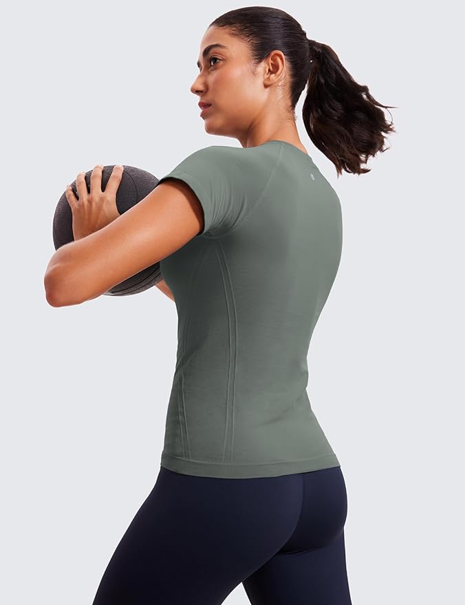 CRZ YOGA Seamless Workout Tops for Women Hip Length - Athletic Running Gym Yoga Short Sleeve Shirts Breathable Crewneck Tees