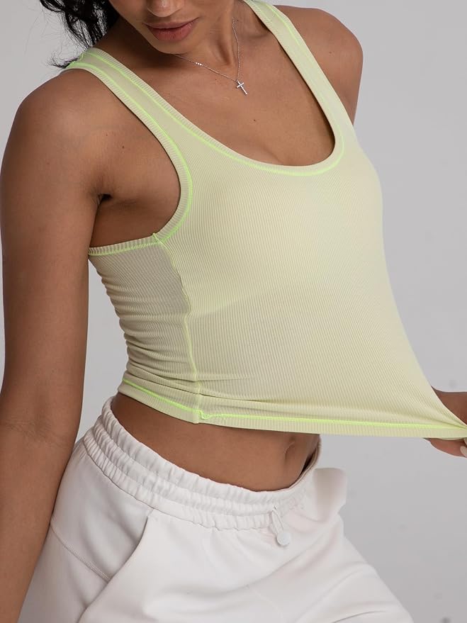 Danysu Women Rib Tank Top Padded Workout Top Square Neck Crop Tank Fitted Basic Cami Tops