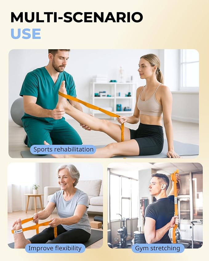 Trideer Stretching Strap with Loops & Leg Lifter, Non-Elastic PT-Style Physical Therapy Strap for Knee Replacement Rehab, Hamstring, Calf & Back Stretcher Mobility, Hip, Shoulder & Yoga