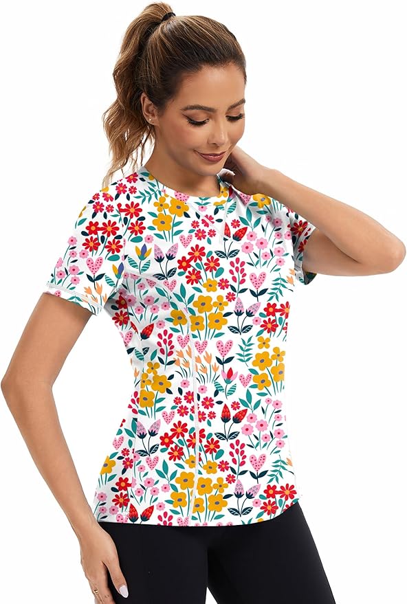 AVOOGUE Women's Short Sleeve Workout Tops Quick Dry Athletic UPF50+ Sun Protection Shirts Gym Hiking Running Yoga Clothes
