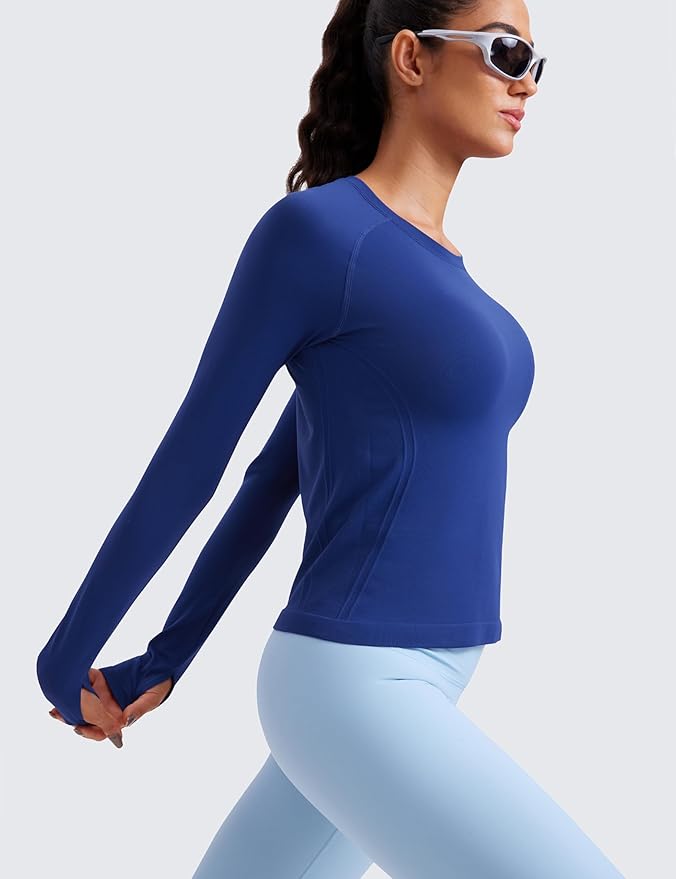 CRZ YOGA Seamless Long Sleeve Shirts for Women Waist Length - Workout Athletic Running Gym Yoga Tops Crewneck Breathable