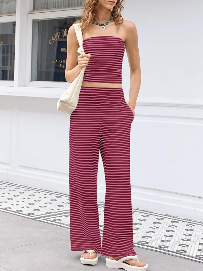 Tankaneo Womens Striped 2 Piece Sets Summer Strapless Crop Tube Tops Wide Leg Pants Matching Lounge Set Vacation Outfits