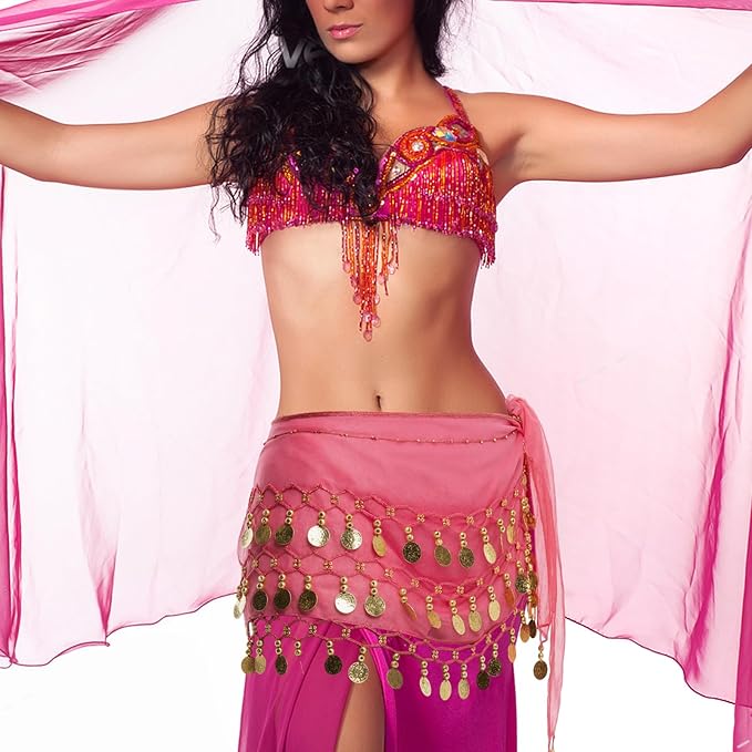 Belly Dance Hip Scarf Belly Dance Skirt 3-Layer Gold Sequins and Coins, Suitable for Yoga, Belly Dance, Performance
