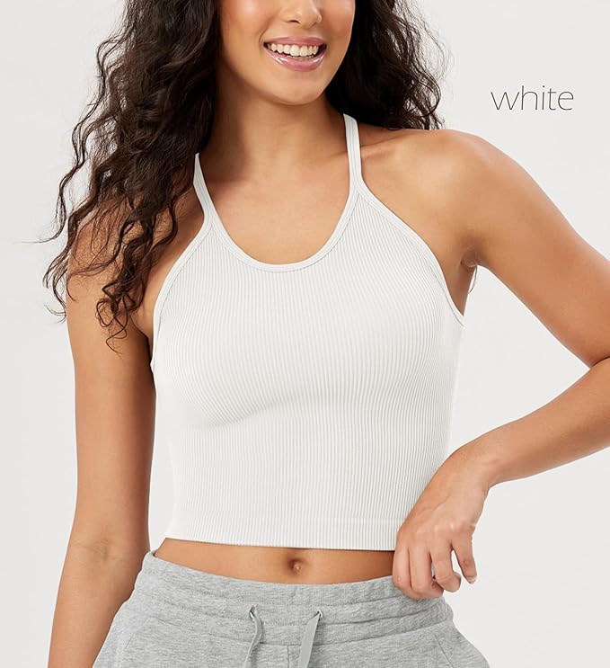 ODODOS Women's Crop 3-Pack Seamless Rib-Knit Camisole Crop Tank Tops