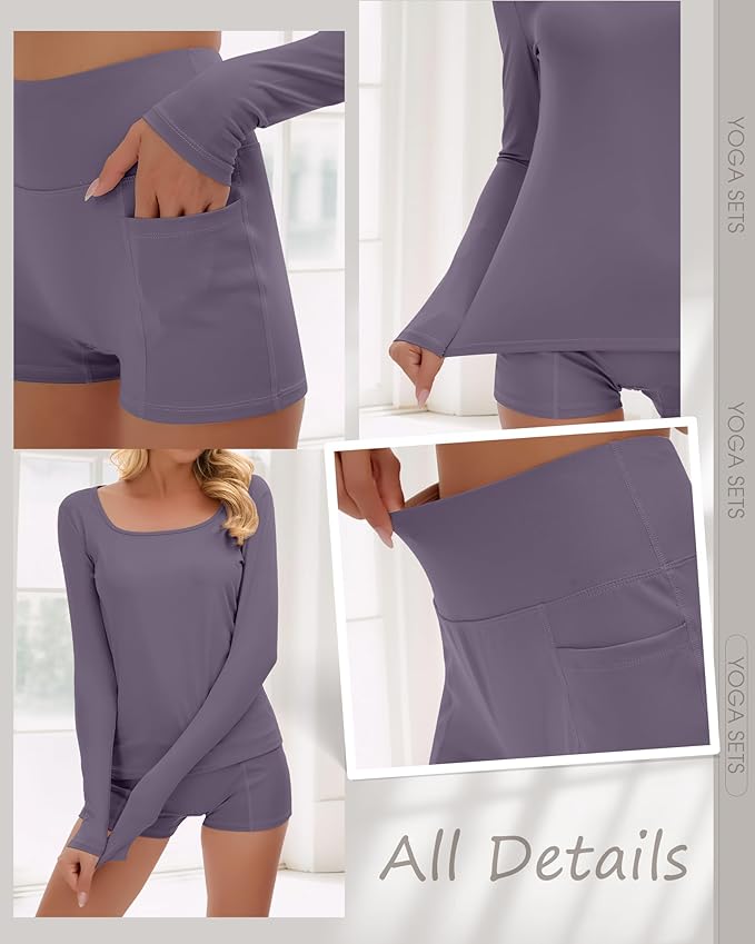 Women Workout Sets 2 Piece Yoga Square Neck Long Sleeve Top Athletic Seamless Short Pockets Sport Gym Run Outfits